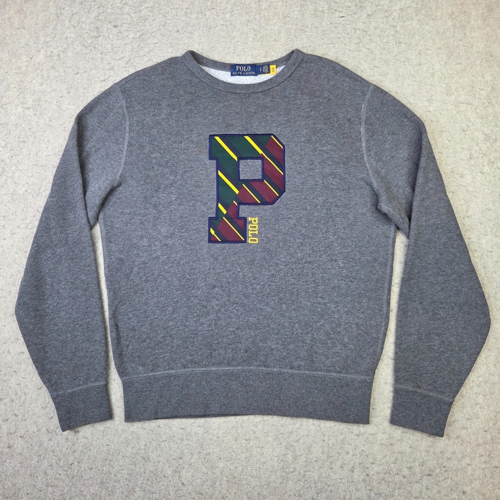 Polo Ralph Lauren Letterman Crewneck Mens Small P Patch Pullover Sweatshirt Gray
